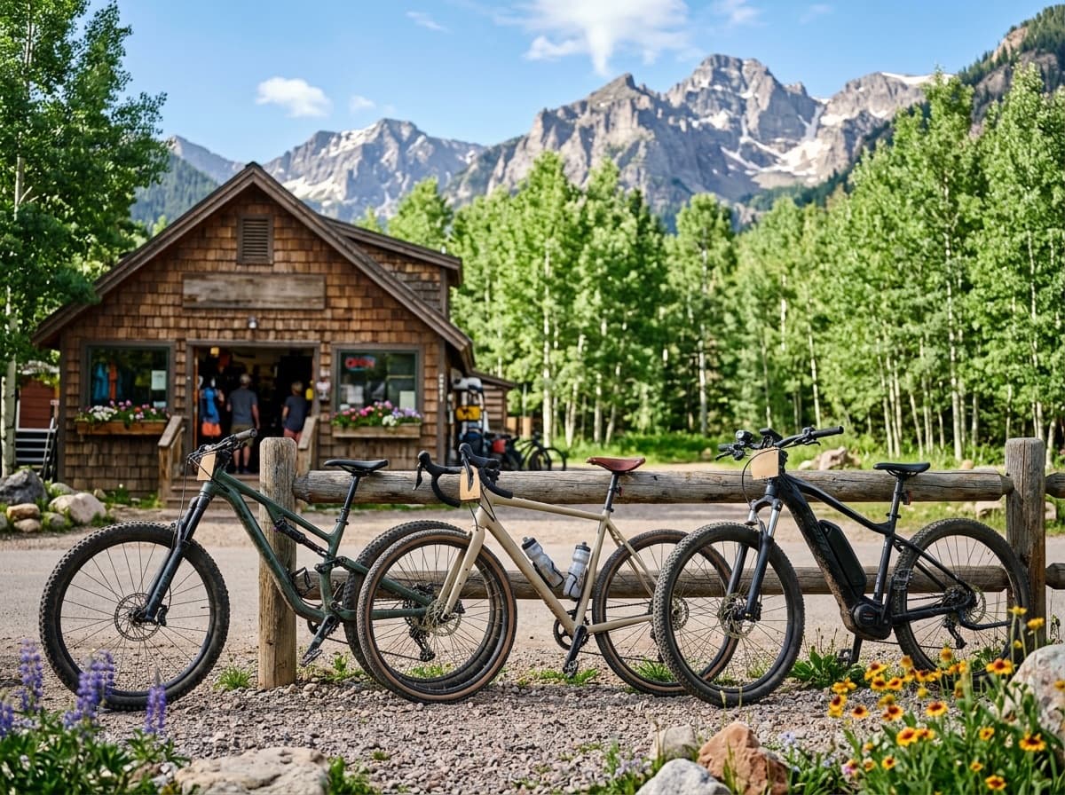 A mountain bike, a gravel bike and an electric bike ready outside the shop on a summer morning