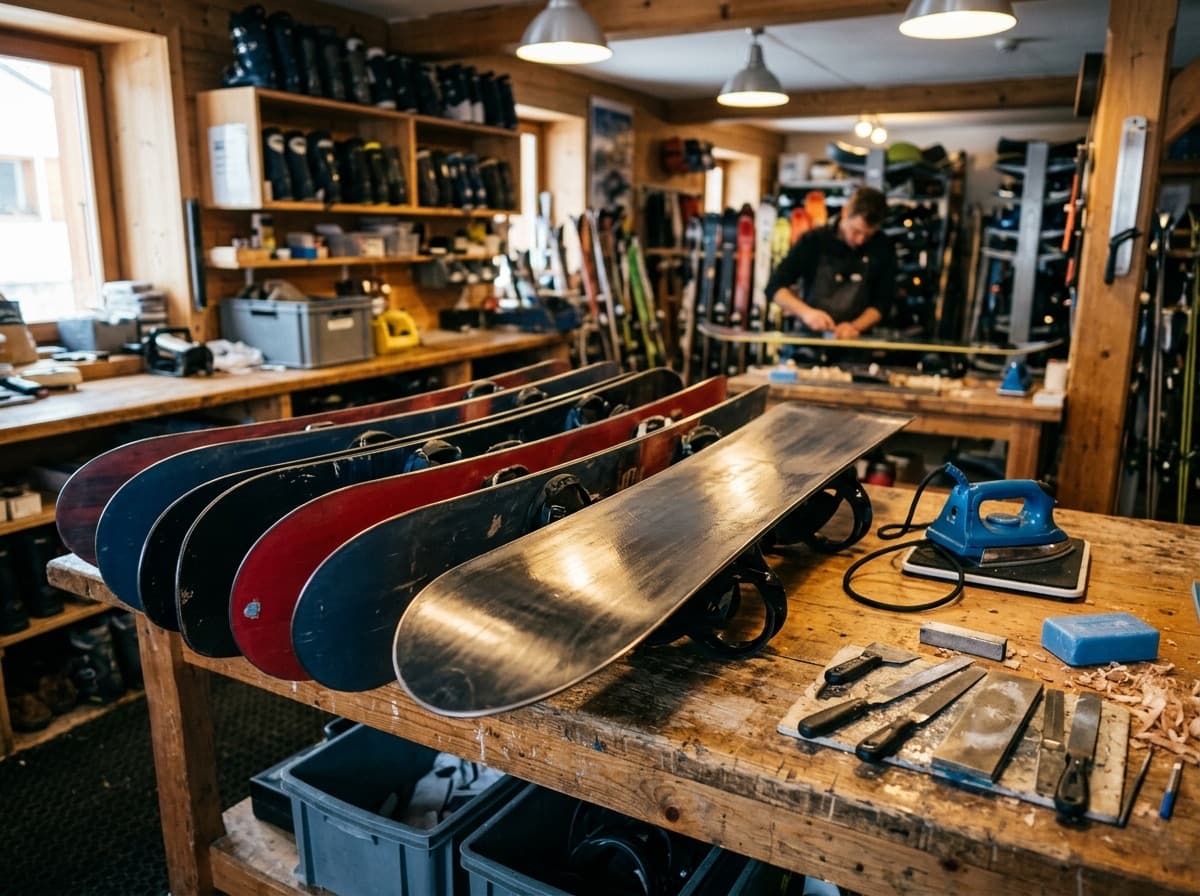 Freshly waxed snowboards lined up on the workshop bench with tuning tools behind